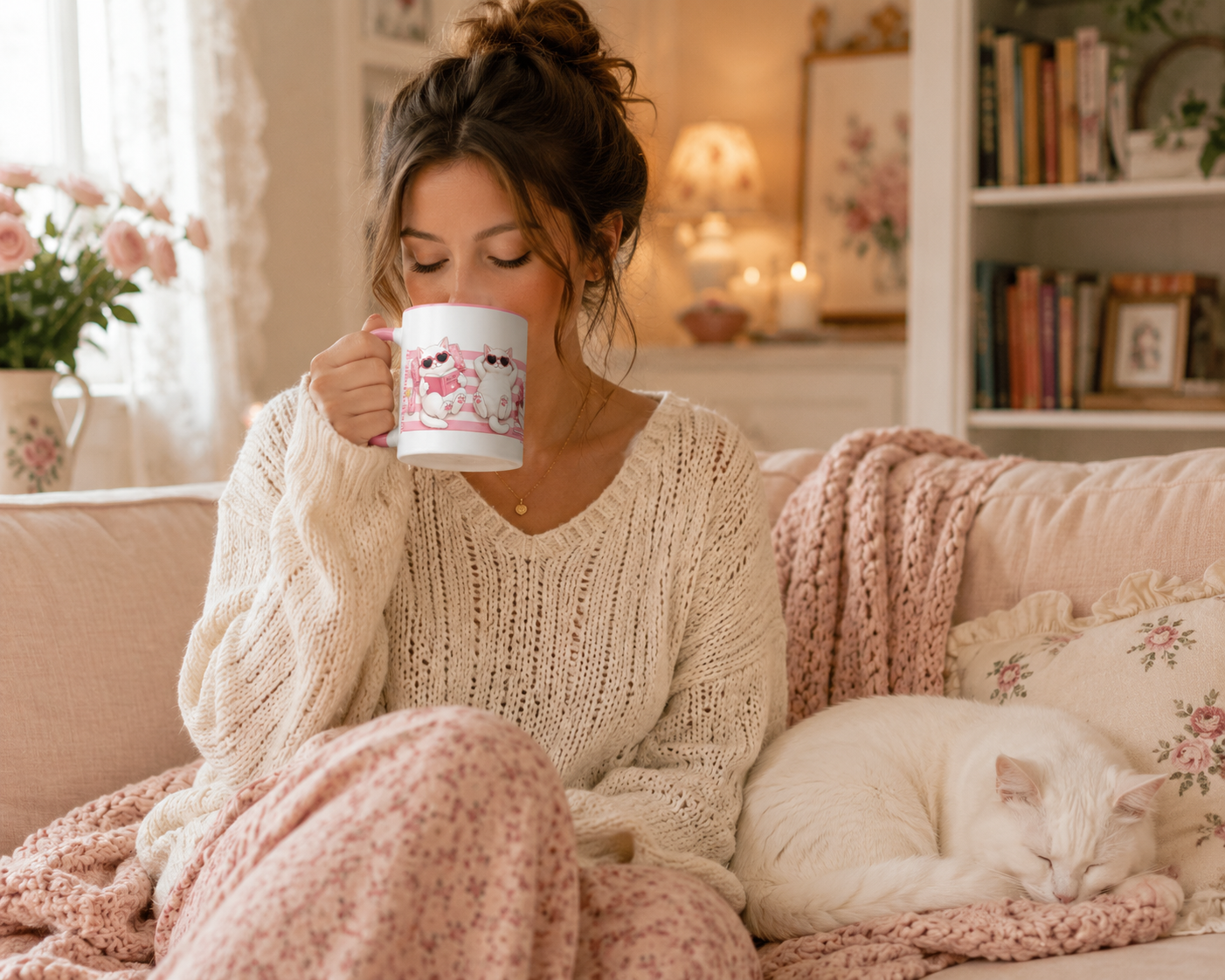Pink Cat Mug – Cute Kawaii Cat Lover Coffee Cup