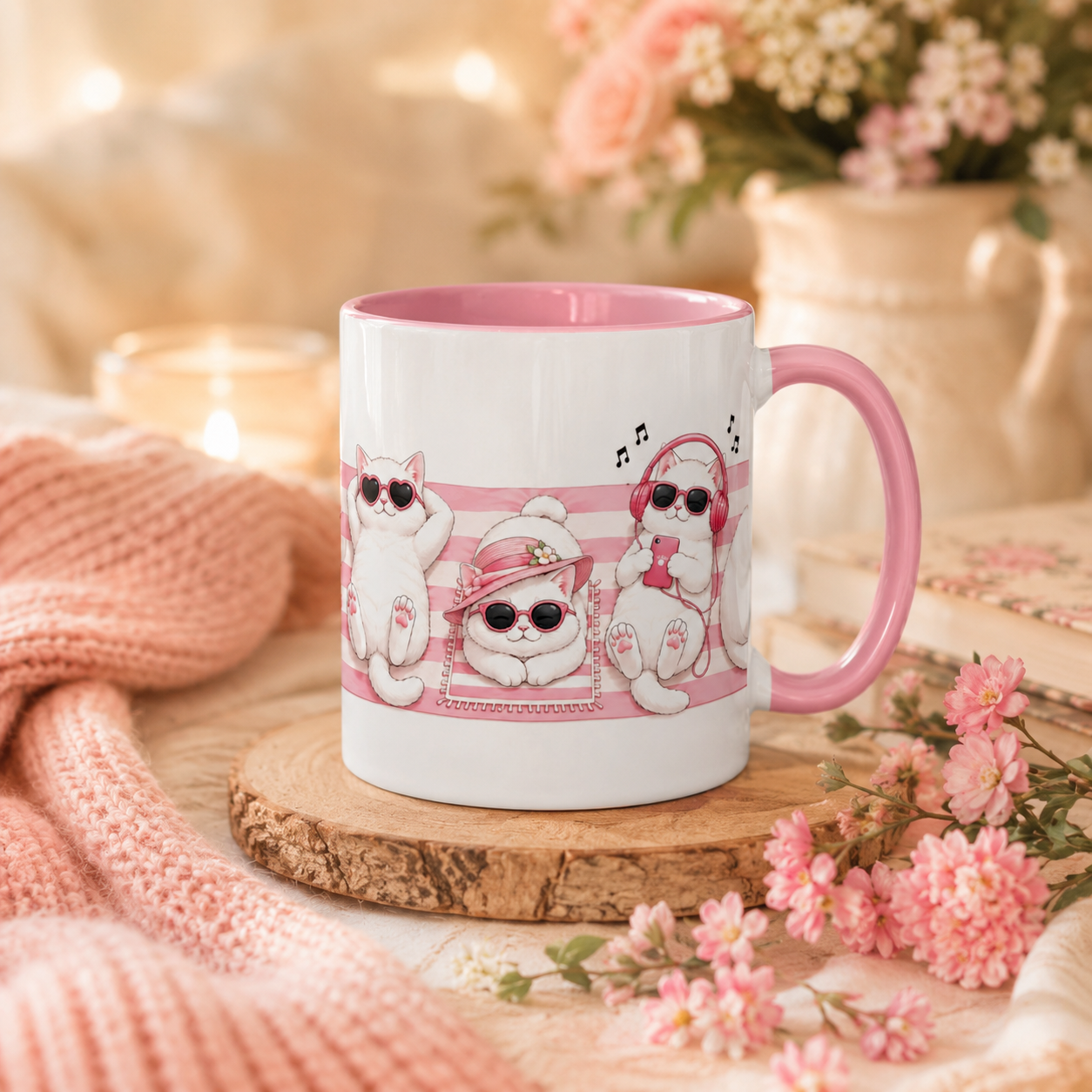 Pink Cat Mug – Cute Kawaii Cat Lover Coffee Cup
