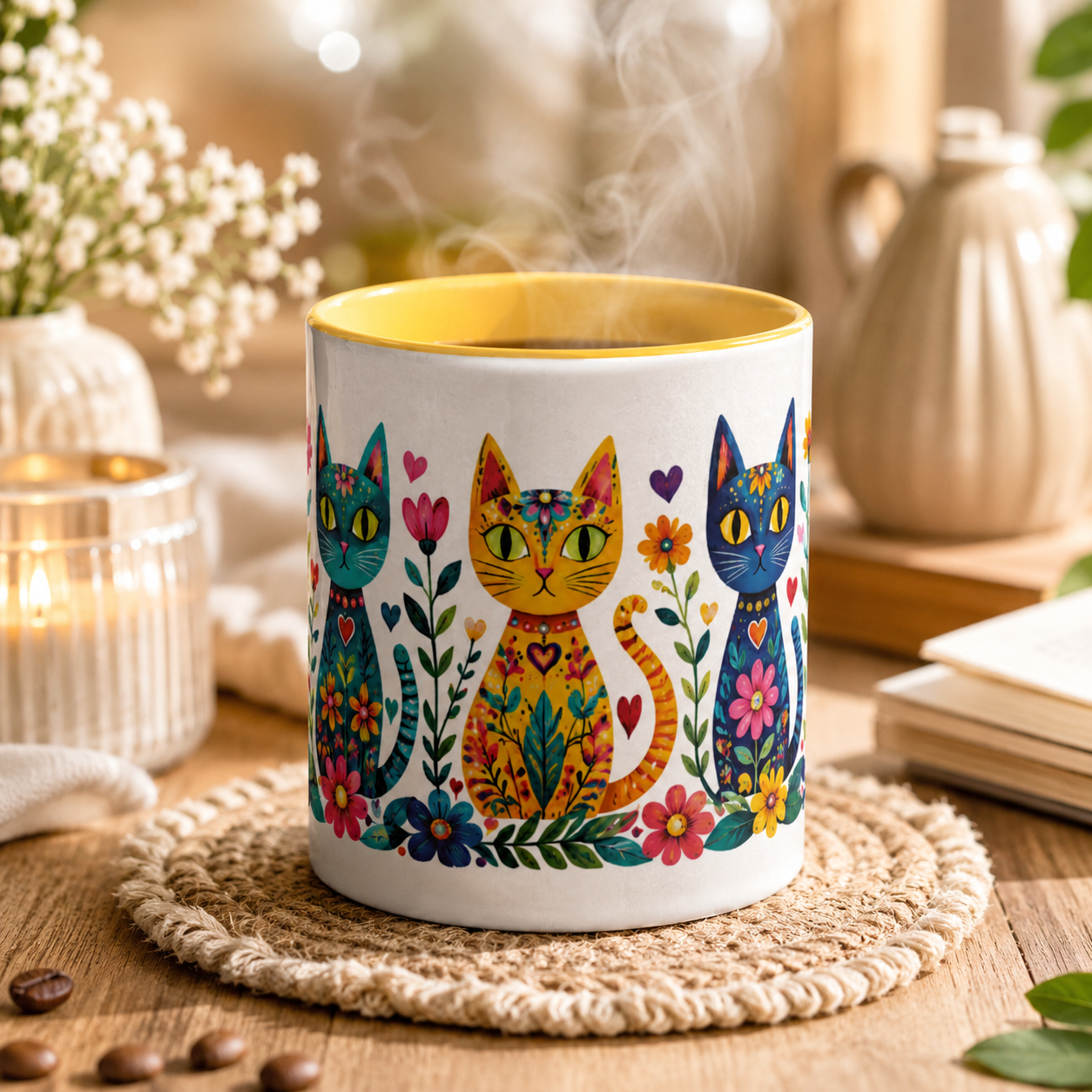 Colorful Folk Art Cat Mug – Floral Boho Ceramic Coffee Cup