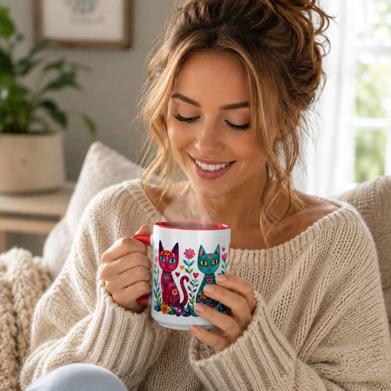 Colorful Folk Art Cat Mug – Floral Boho Ceramic Coffee Cup