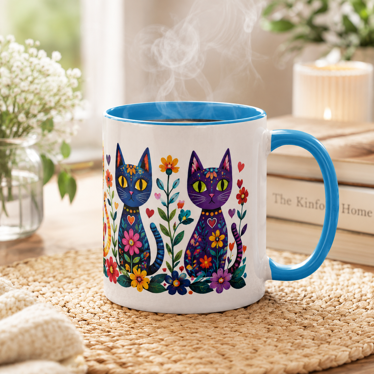 Colorful Folk Art Cat Mug – Floral Boho Ceramic Coffee Cup