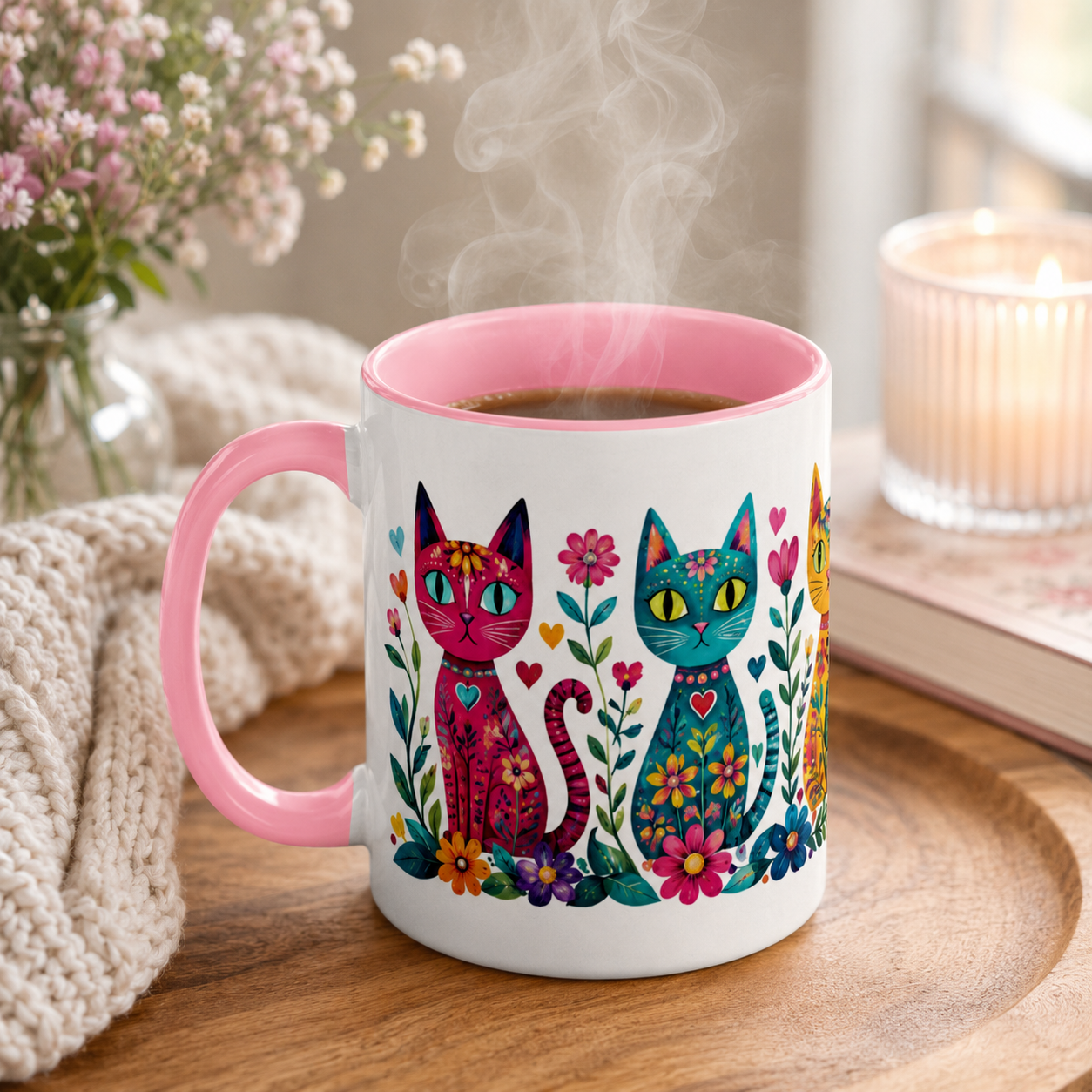 Colorful Folk Art Cat Mug – Floral Boho Ceramic Coffee Cup