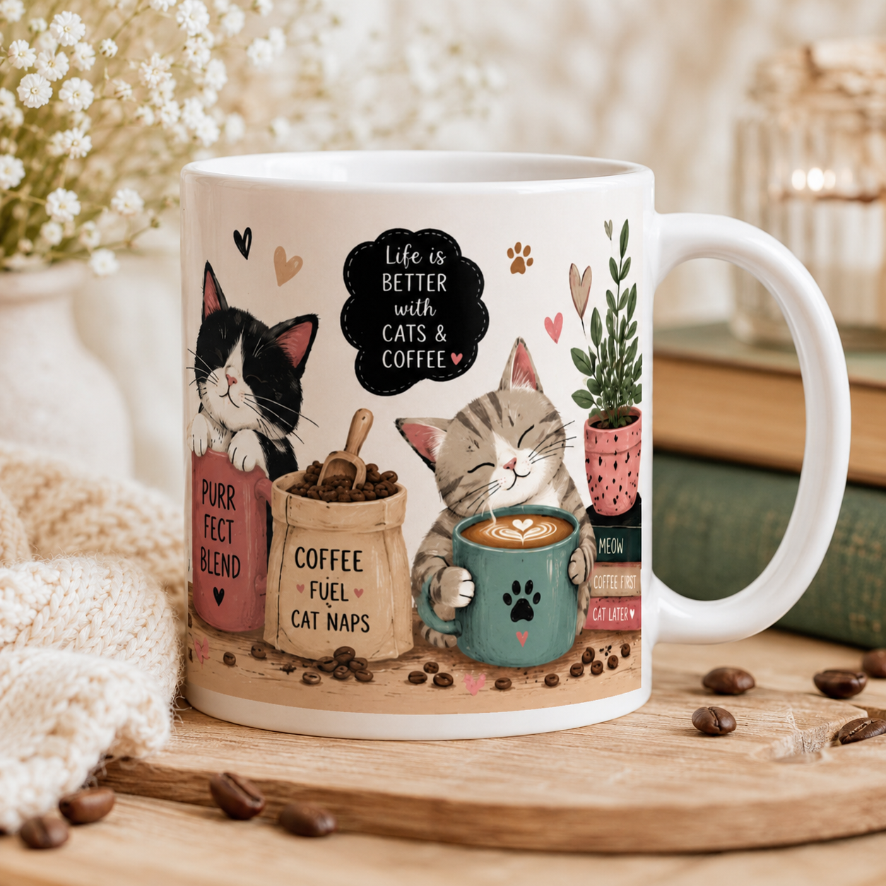 Cute Cats and Coffee Mug – Cozy Cat Lover Ceramic Coffee Cup