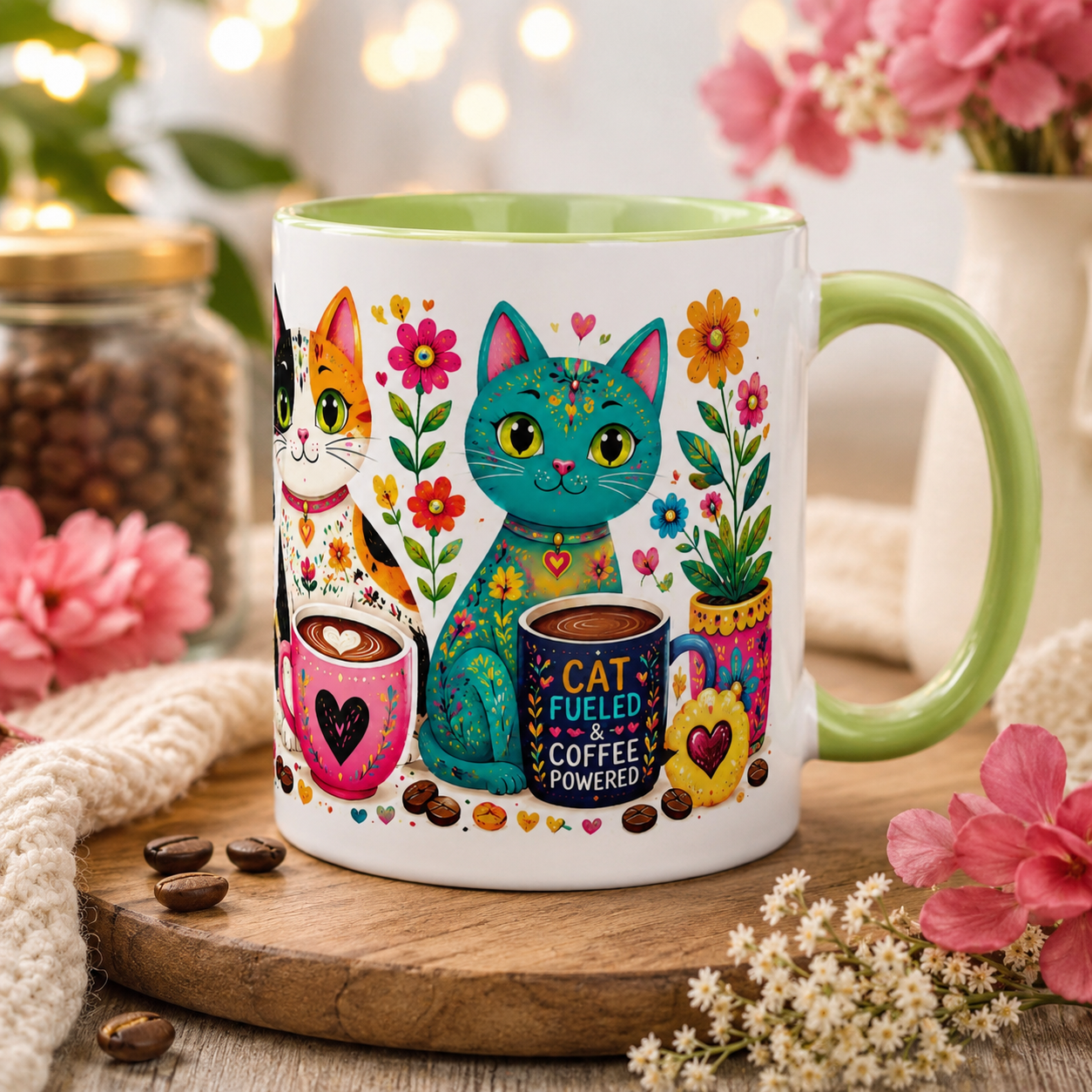 Coffee and Cats Color Inside Mug – Cute Folk Art Cat Coffee Cup