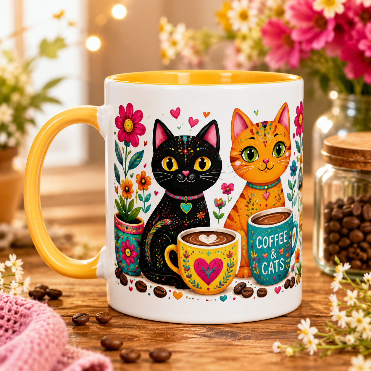 Coffee and Cats Color Inside Mug – Cute Folk Art Cat Coffee Cup