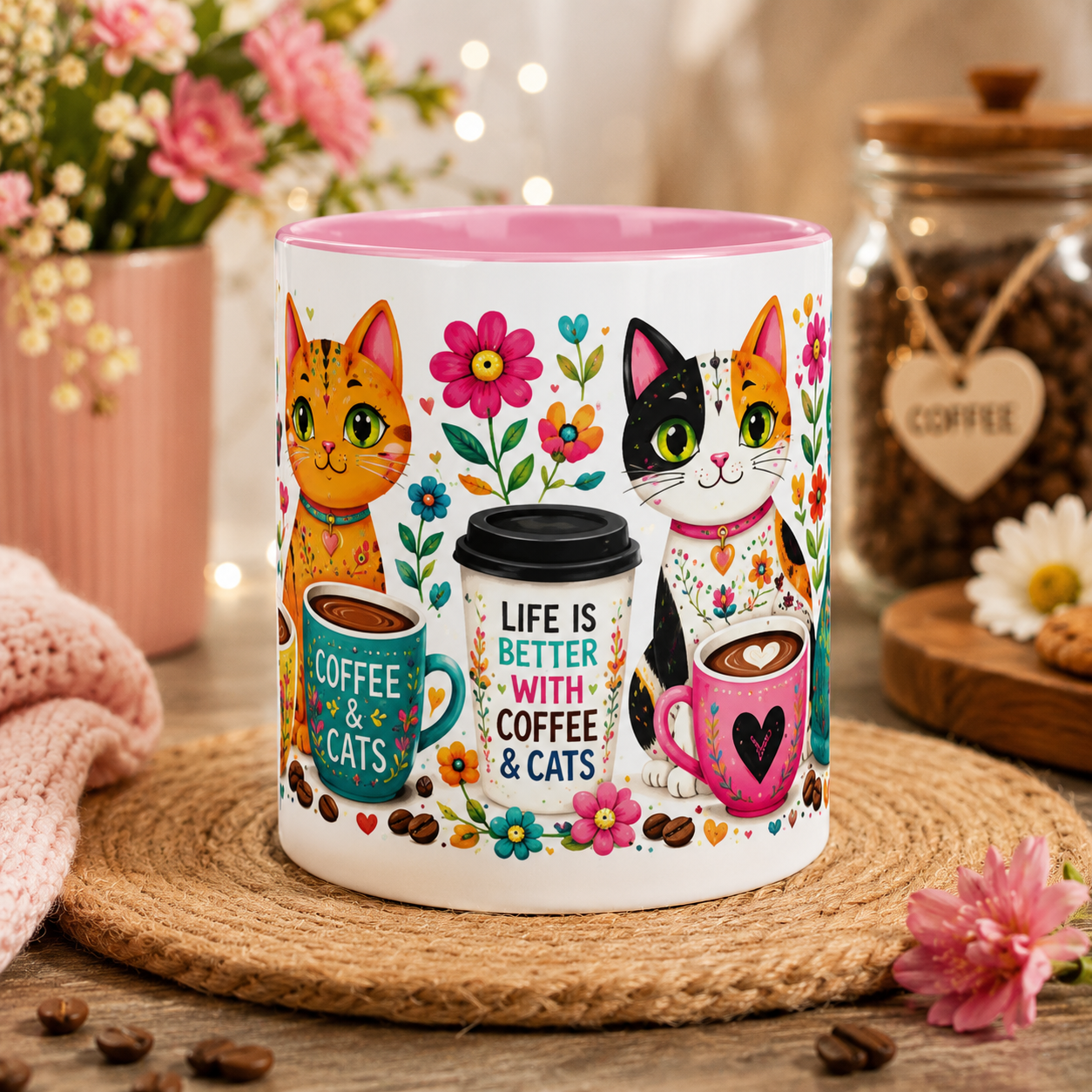 Coffee and Cats Color Inside Mug – Cute Folk Art Cat Coffee Cup