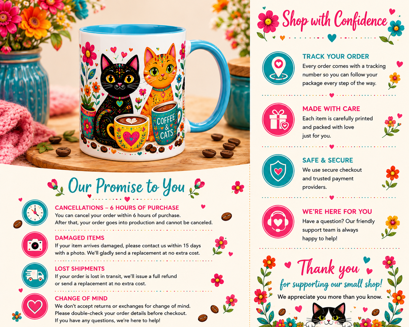 Coffee and Cats Color Inside Mug – Cute Folk Art Cat Coffee Cup
