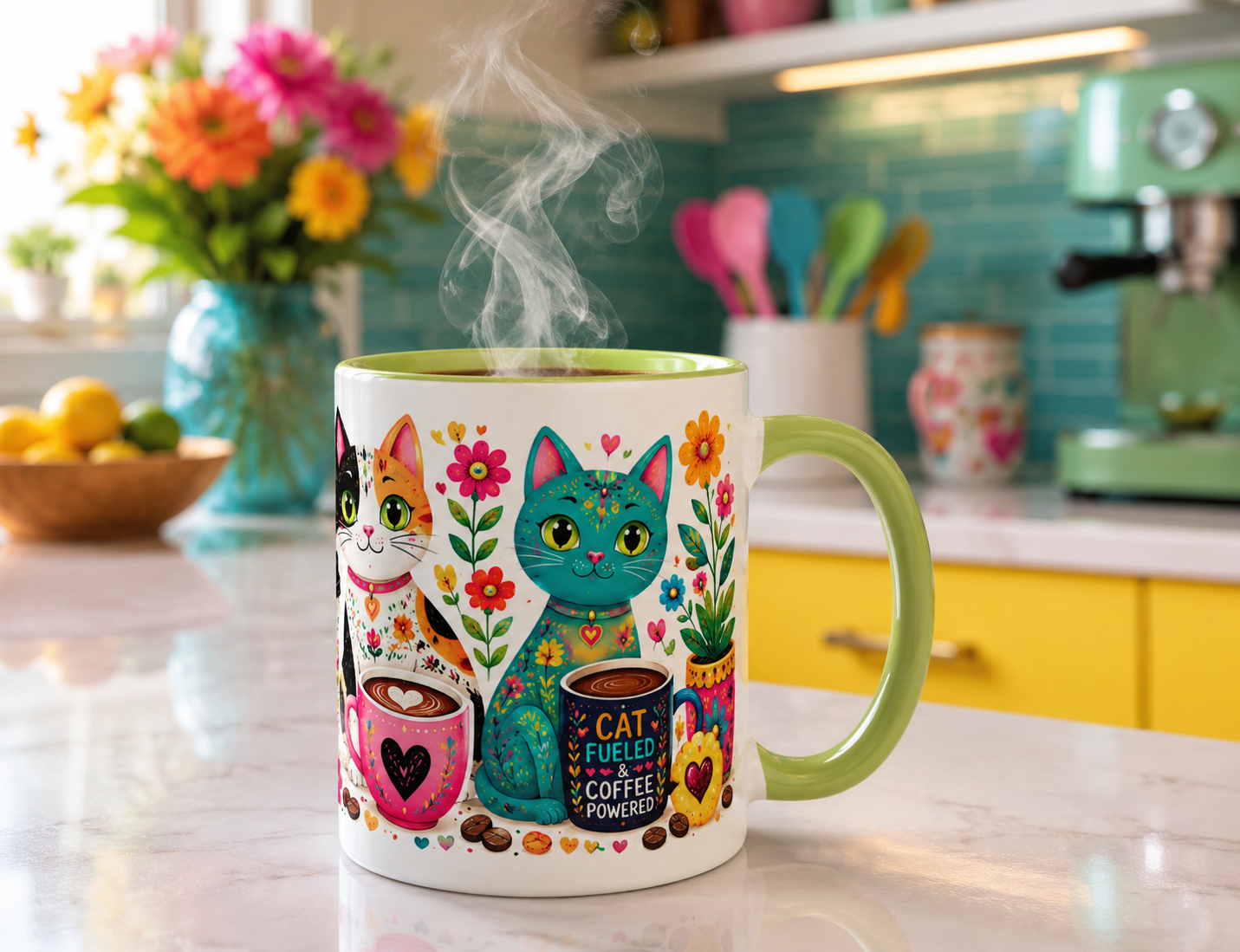 Coffee and Cats Color Inside Mug – Cute Folk Art Cat Coffee Cup