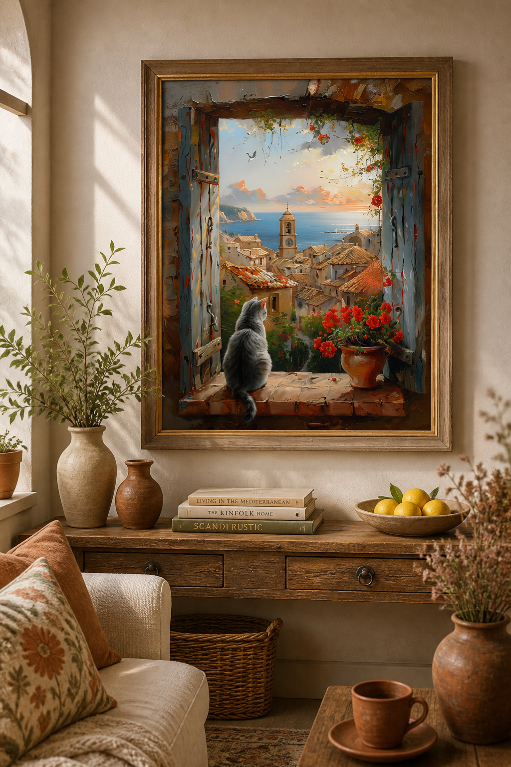 Cozy Mediterranean Cat Wall Art Print – Spanish Village Window Scene, Gray Cat Coastal Decor