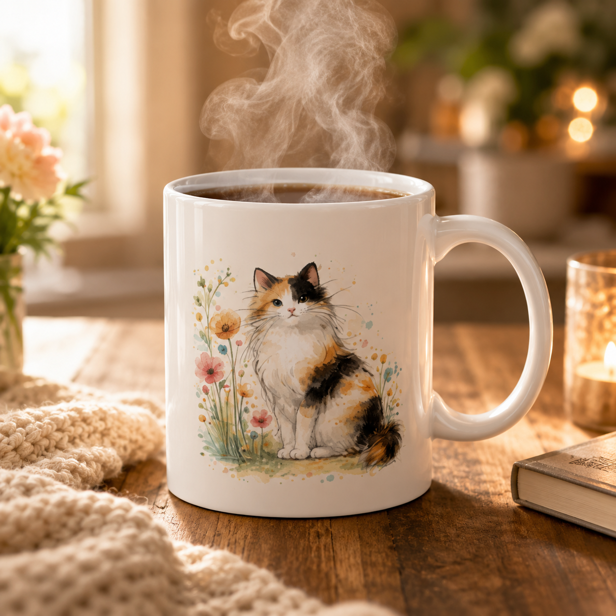 Calico Cat Mug – Watercolor Floral Cat Coffee Cup