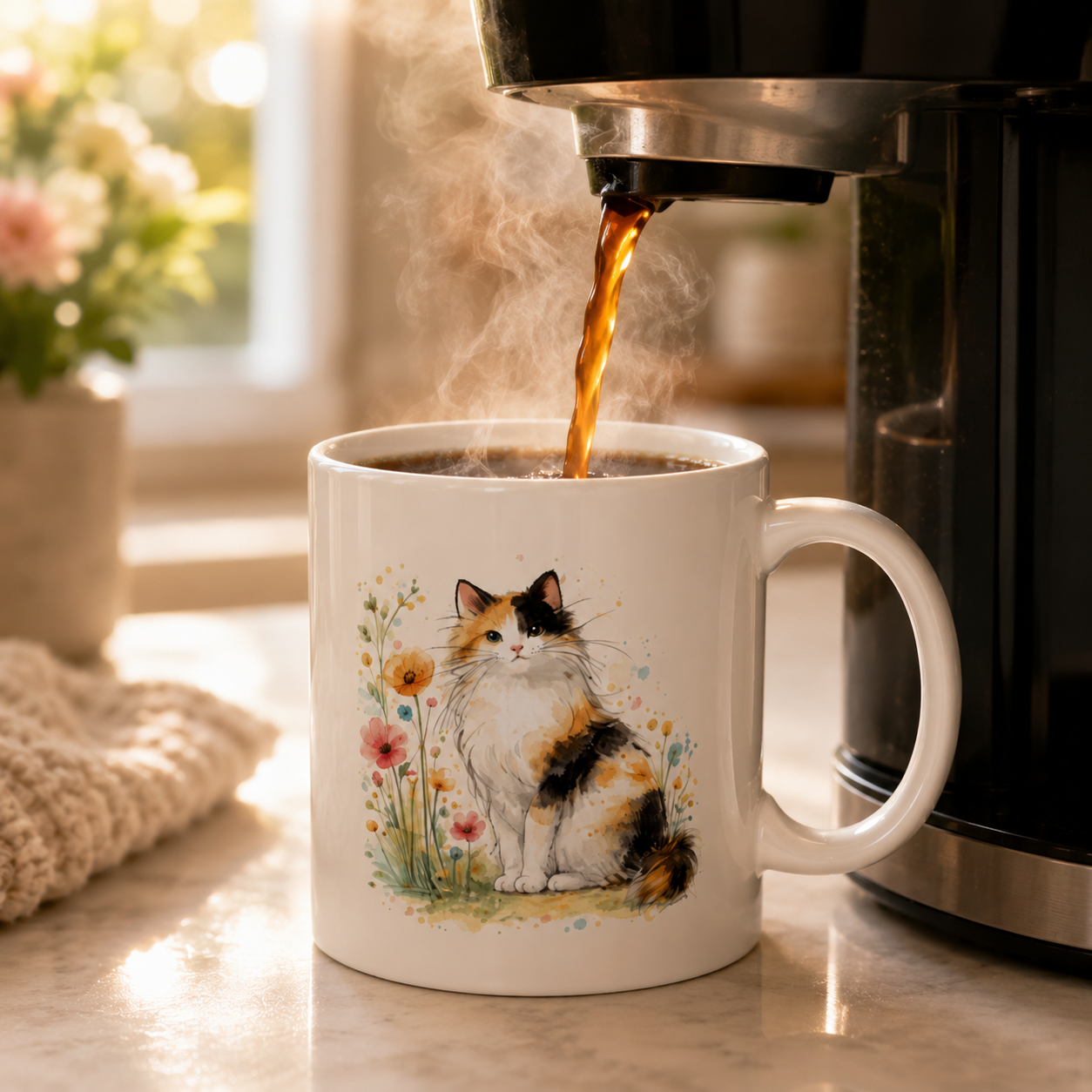Calico Cat Mug – Watercolor Floral Cat Coffee Cup