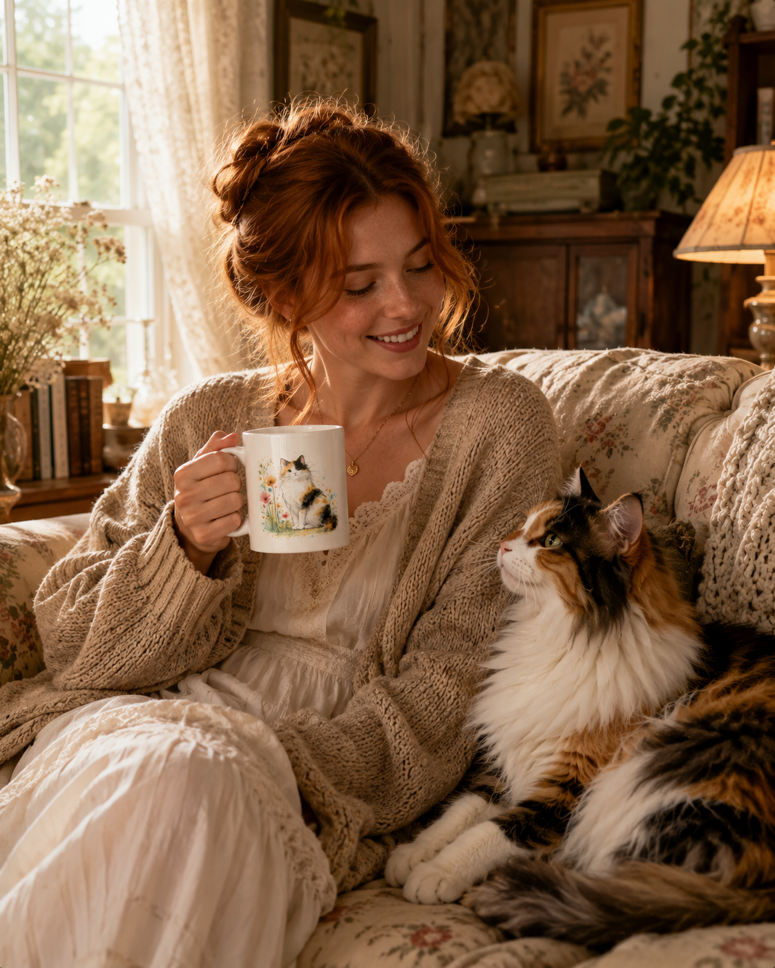 Calico Cat Mug – Watercolor Floral Cat Coffee Cup