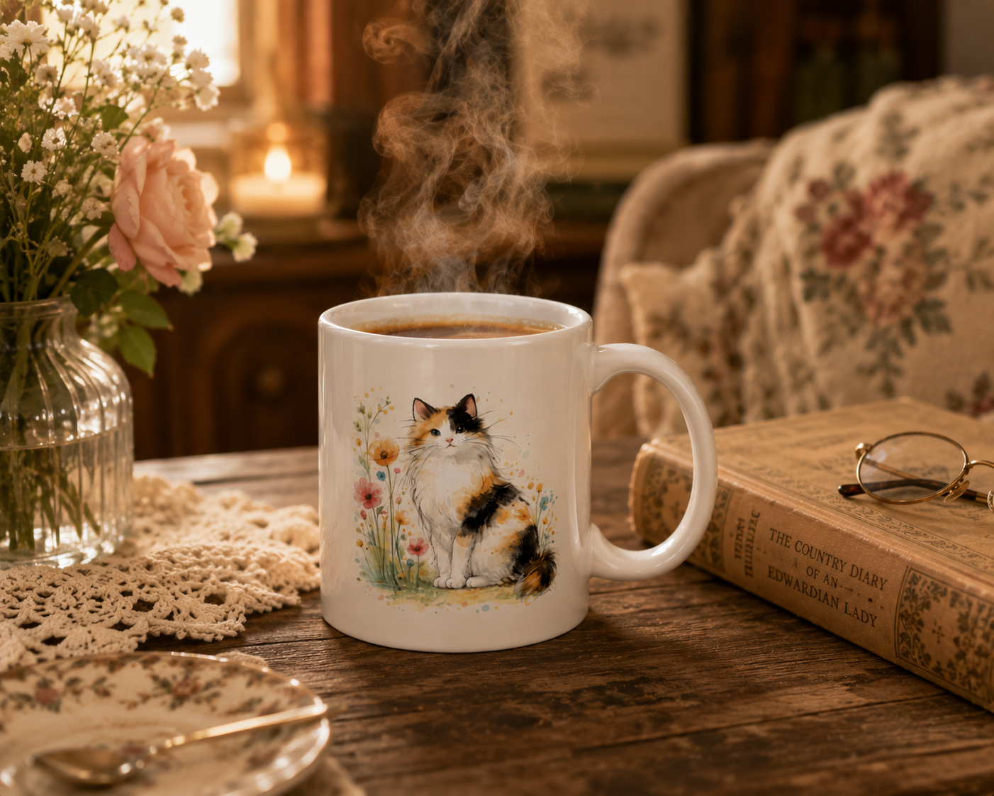 Calico Cat Mug – Watercolor Floral Cat Coffee Cup