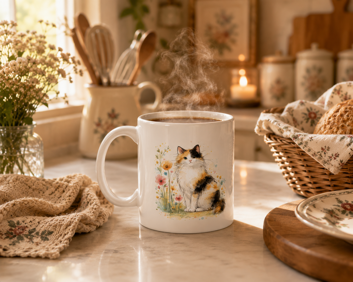 Calico Cat Mug – Watercolor Floral Cat Coffee Cup