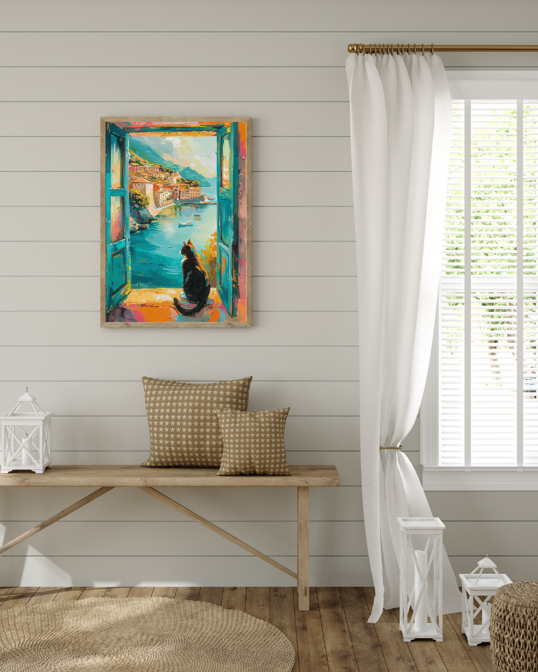 Tuxedo Cat Coastal Village Art Print, Mediterranean Window View, Vibrant Painterly Poster