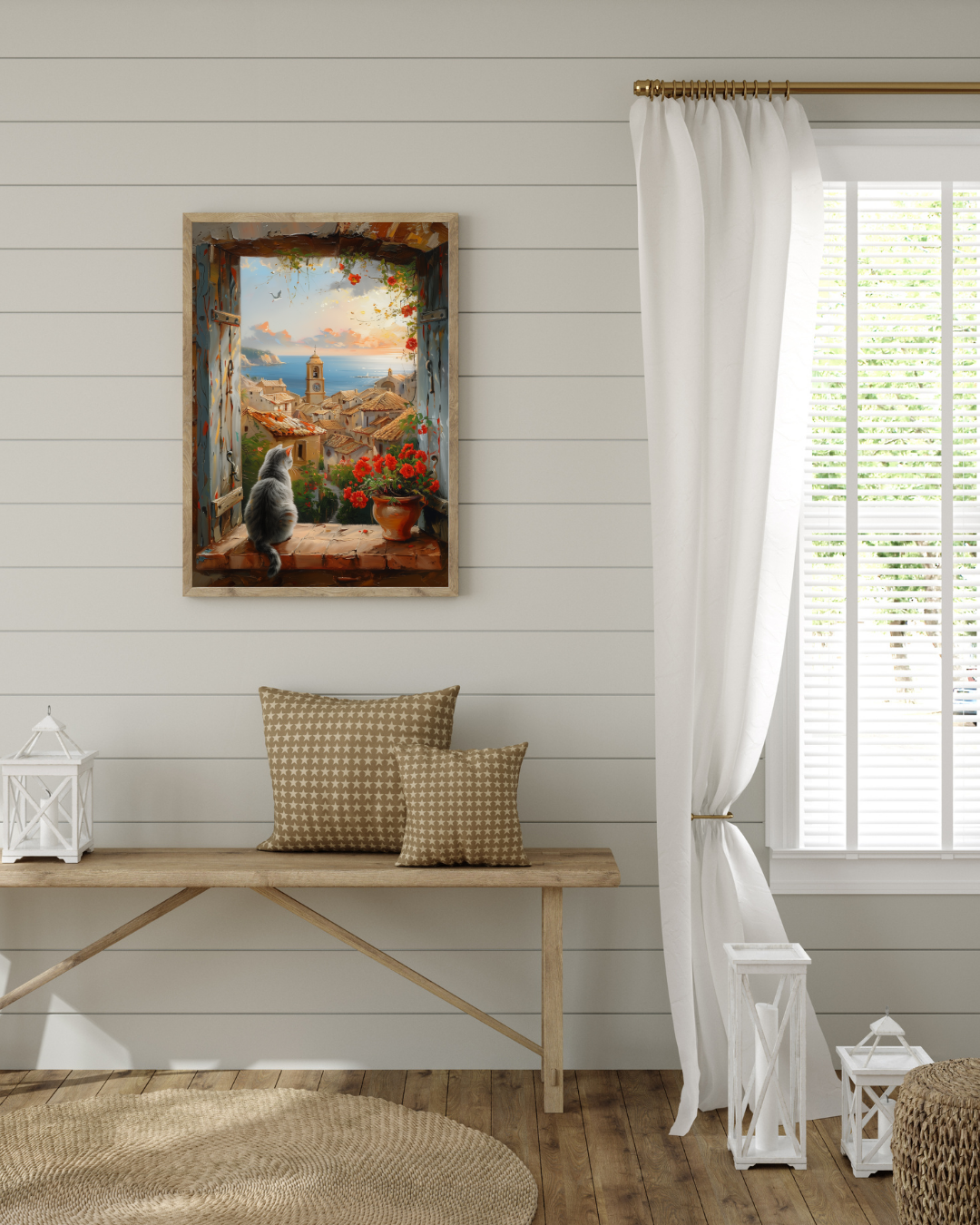Cozy Mediterranean Cat Wall Art Print – Spanish Village Window Scene, Gray Cat Coastal Decor