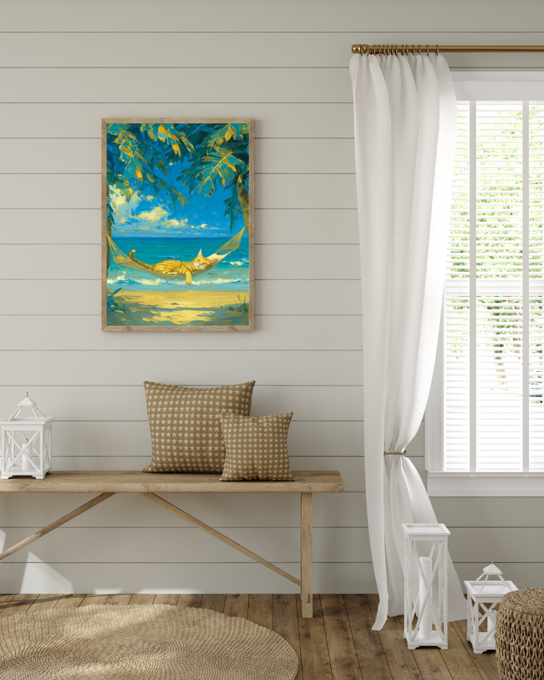 Tropical Cat Hammock Wall Art | Coastal Orange Tabby Beach Print | Relaxing Ocean Cat Decor