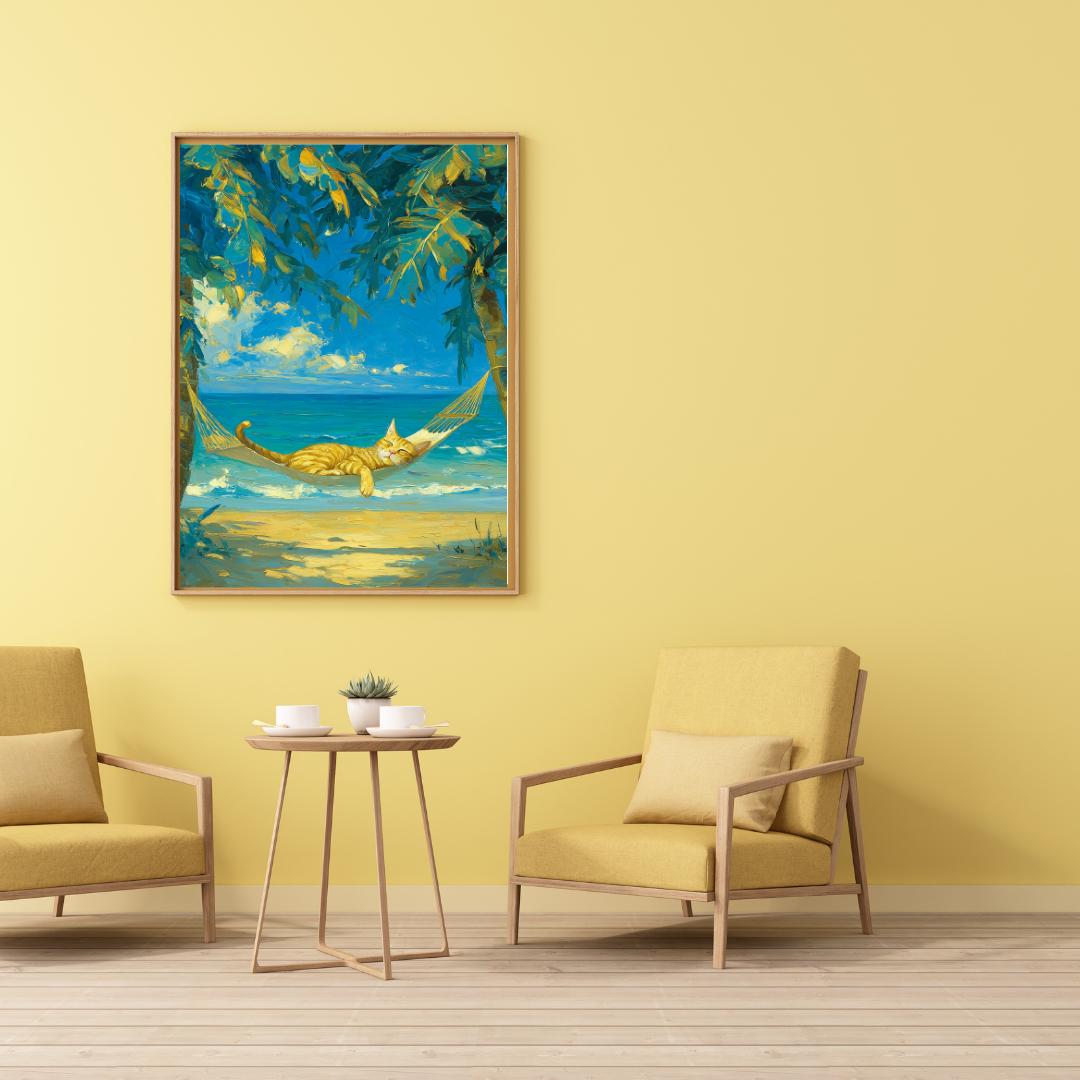 Tropical Cat Hammock Wall Art | Coastal Orange Tabby Beach Print | Relaxing Ocean Cat Decor