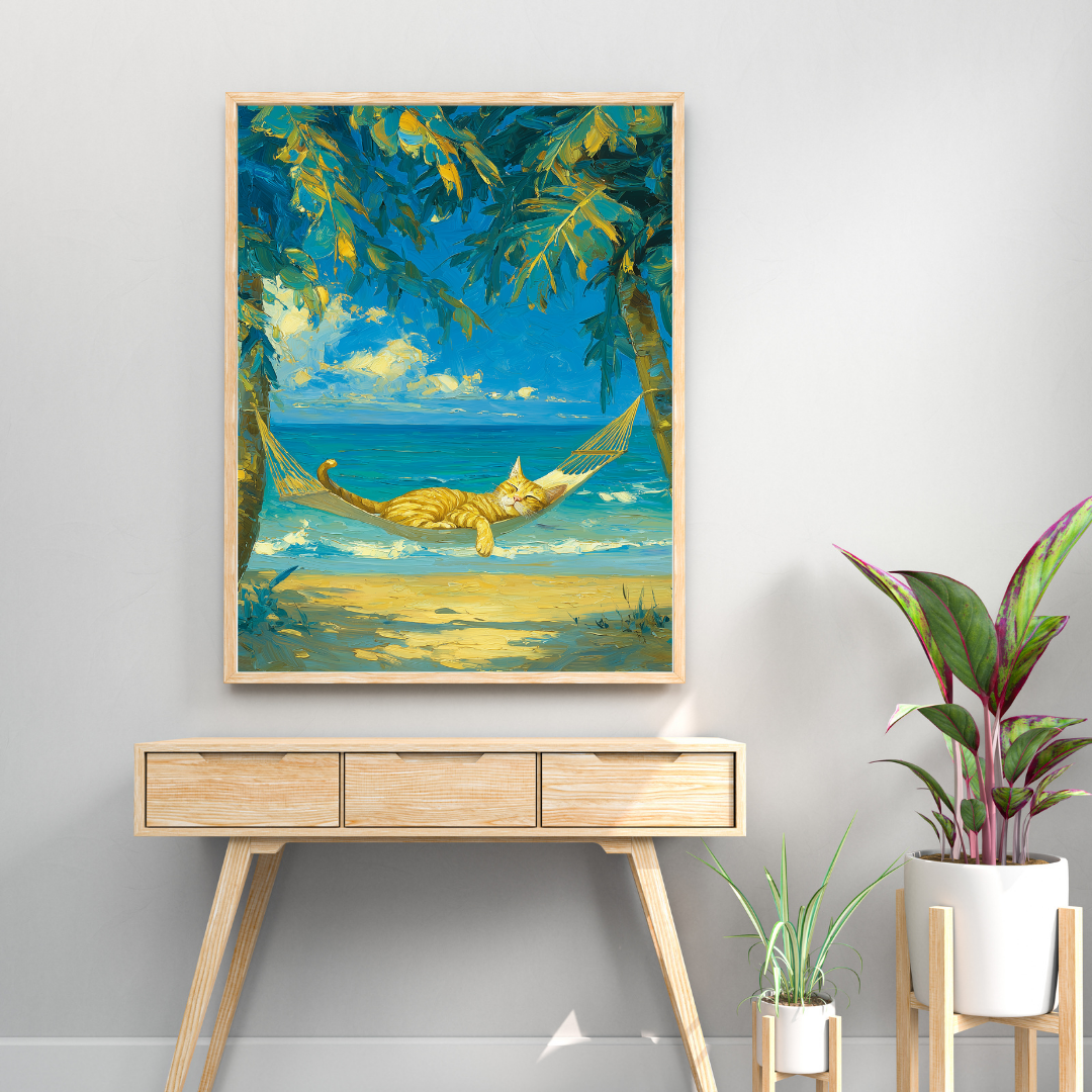 Tropical Cat Hammock Wall Art | Coastal Orange Tabby Beach Print | Relaxing Ocean Cat Decor