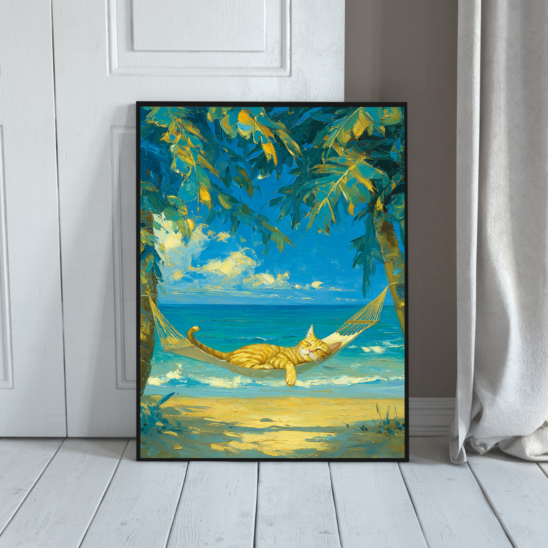 Tropical Cat Hammock Wall Art | Coastal Orange Tabby Beach Print | Relaxing Ocean Cat Decor