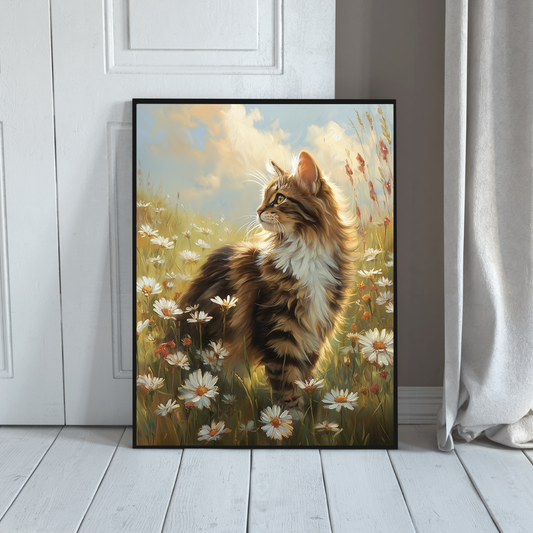 Cottagecore Cat Wall Art – Brown Tabby in Daisy Field