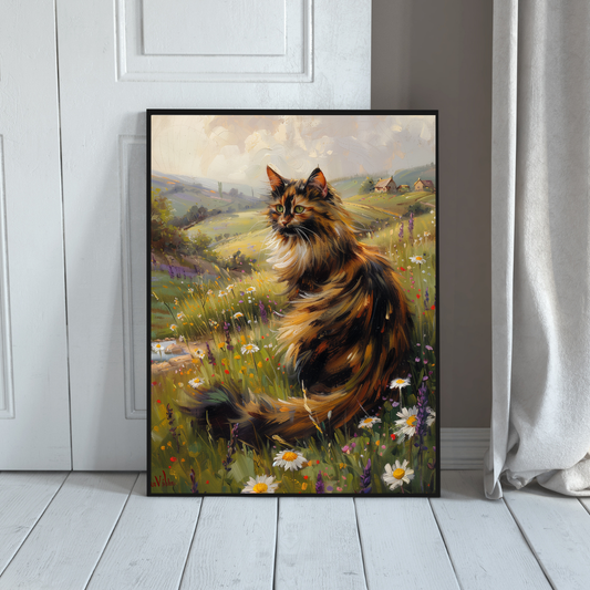 Tortoiseshell Cat Meadow Painting, Cottagecore Landscape Art Print, Rustic Animal Artwork