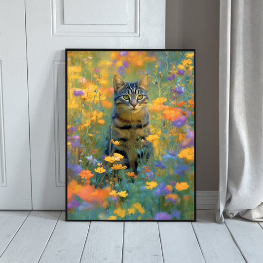 Cottagecore Tabby Cat Wall Art – Floral Garden Painting, Soft Nature Aesthetic Decor