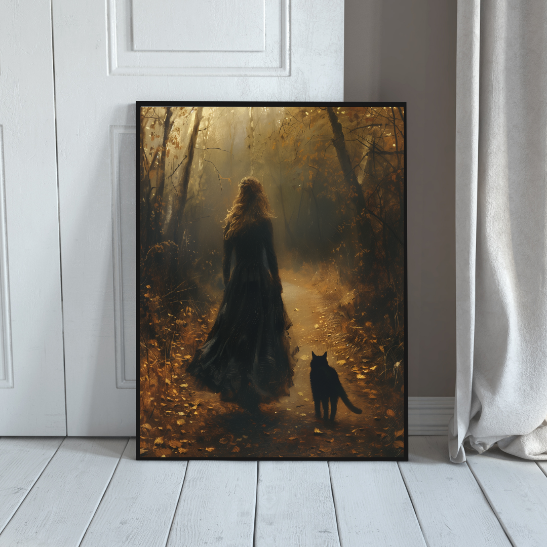 Dark Academia Wall Art – Gothic Forest Woman and Black Cat Autumn Print