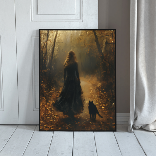 Dark Academia Wall Art – Gothic Forest Woman and Black Cat Autumn Print
