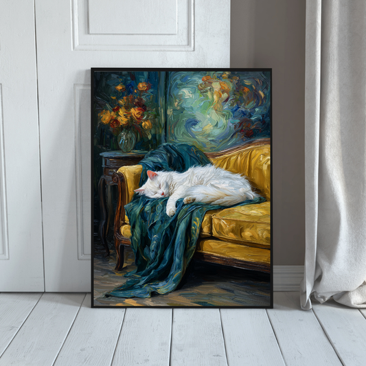 Cozy Sleeping Cat Wall Art – Mustard Yellow Sofa Cat Print, Cottagecore Cat Poster