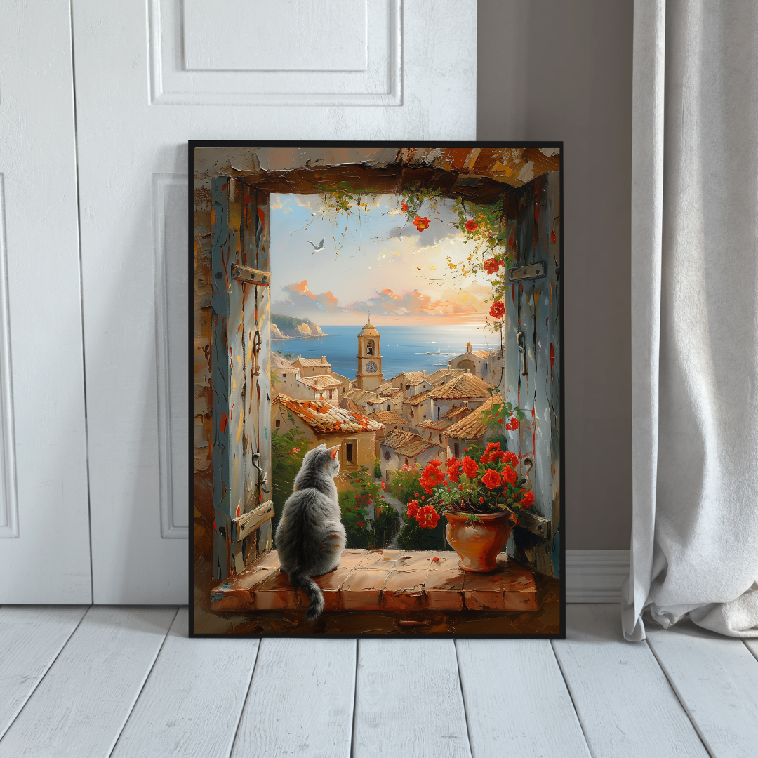 Cozy Mediterranean Cat Wall Art Print – Spanish Village Window Scene, Gray Cat Coastal Decor