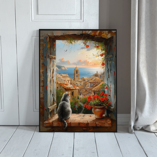 Cozy Mediterranean Cat Wall Art Print – Spanish Village Window Scene, Gray Cat Coastal Decor