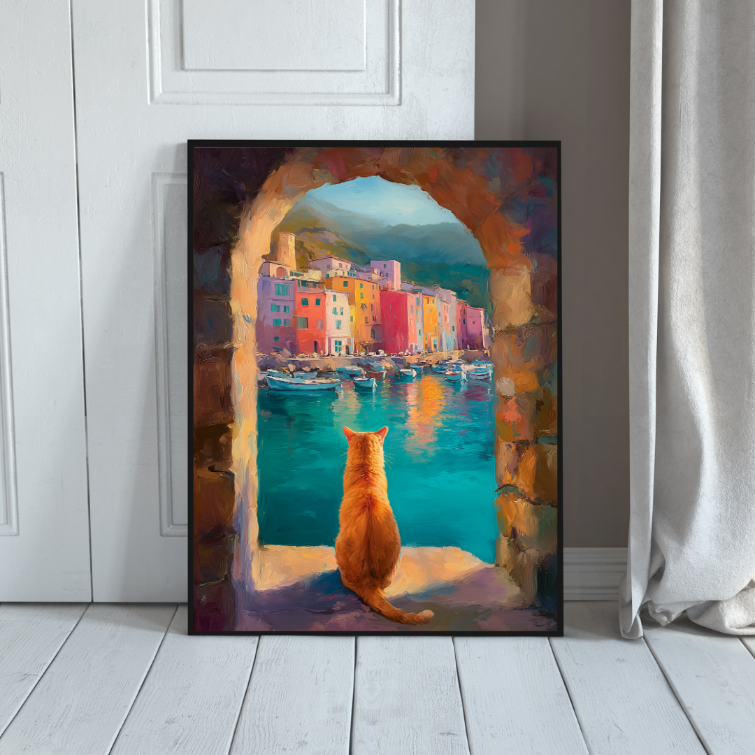 Mediterranean Coastal Village Art Print, Orange Tabby Cat Window View Poster