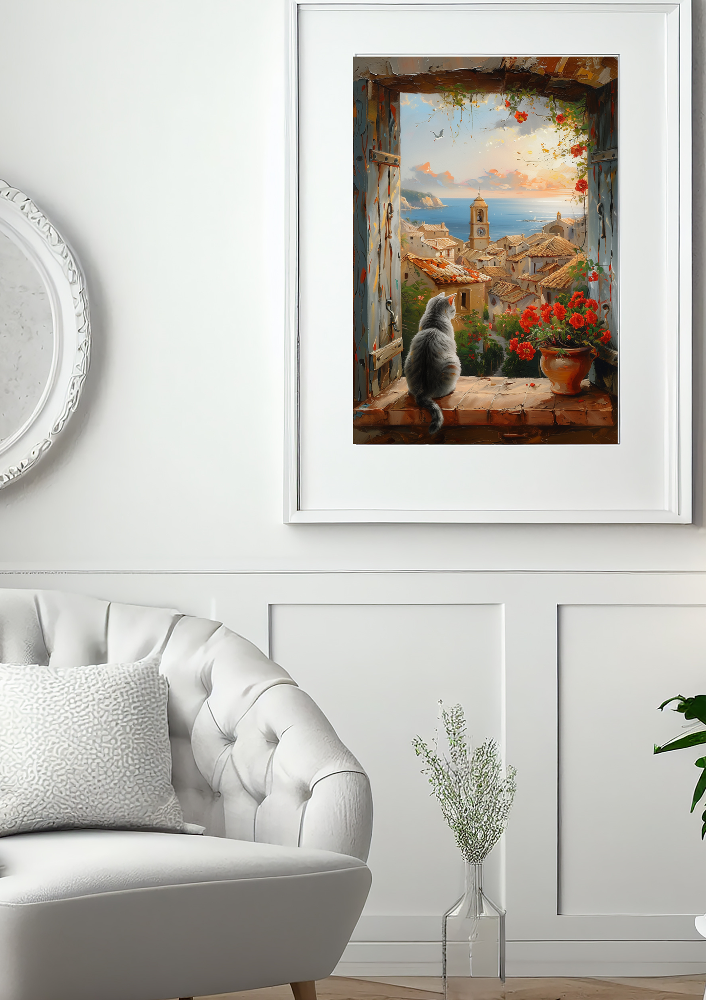 Cozy Mediterranean Cat Wall Art Print – Spanish Village Window Scene, Gray Cat Coastal Decor