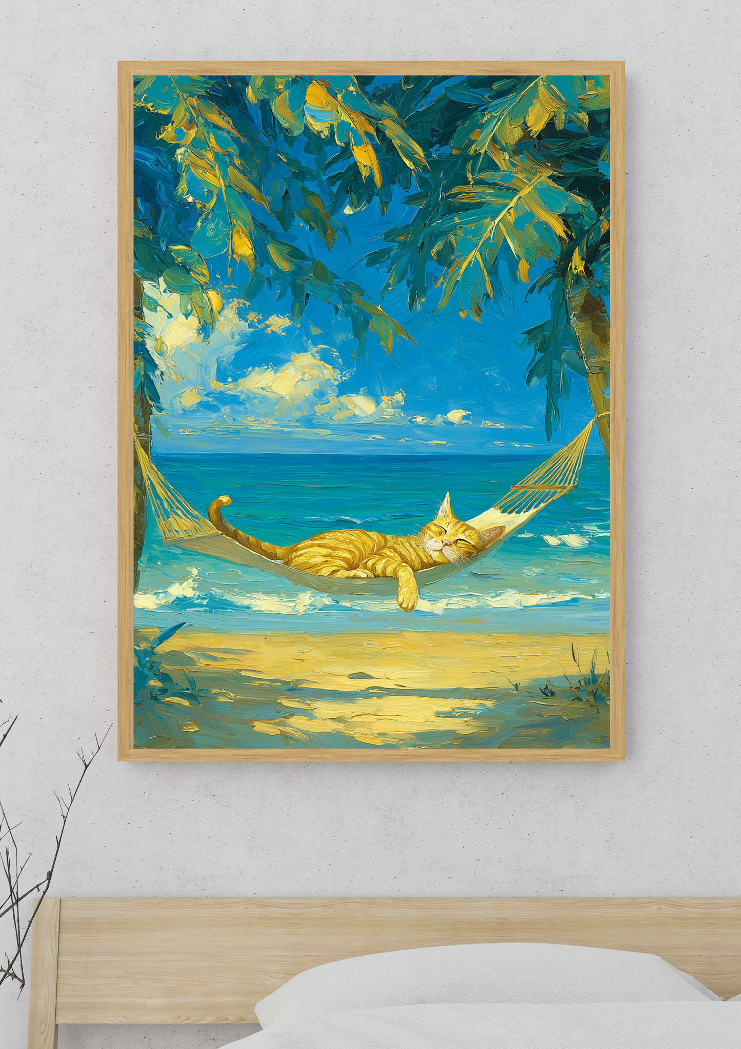 Tropical Cat Hammock Wall Art | Coastal Orange Tabby Beach Print | Relaxing Ocean Cat Decor
