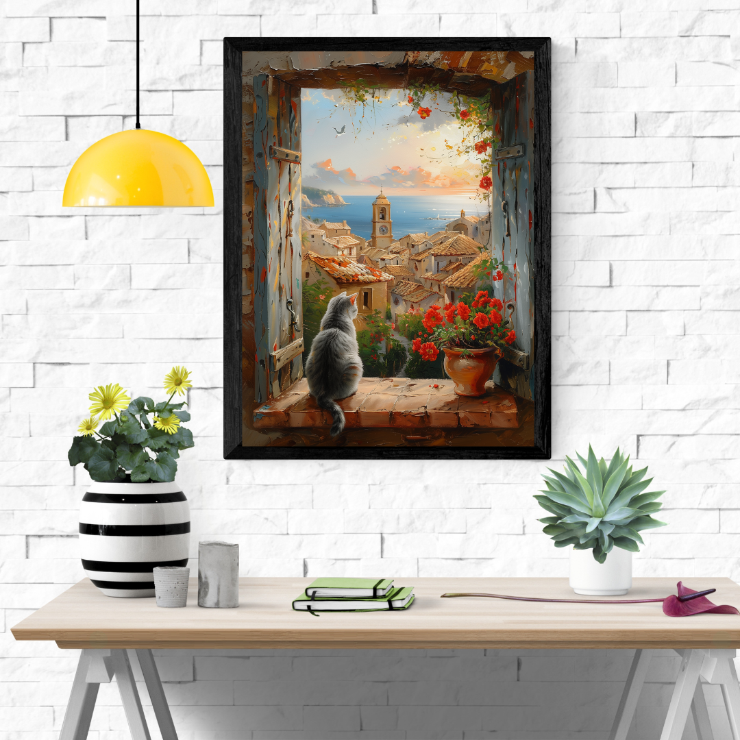 Cozy Mediterranean Cat Wall Art Print – Spanish Village Window Scene, Gray Cat Coastal Decor
