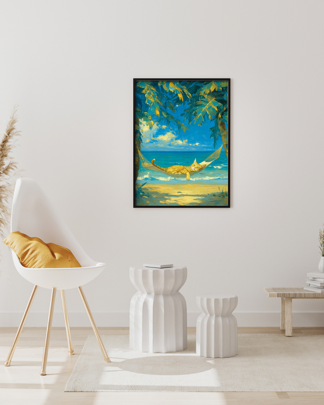 Tropical Cat Hammock Wall Art | Coastal Orange Tabby Beach Print | Relaxing Ocean Cat Decor