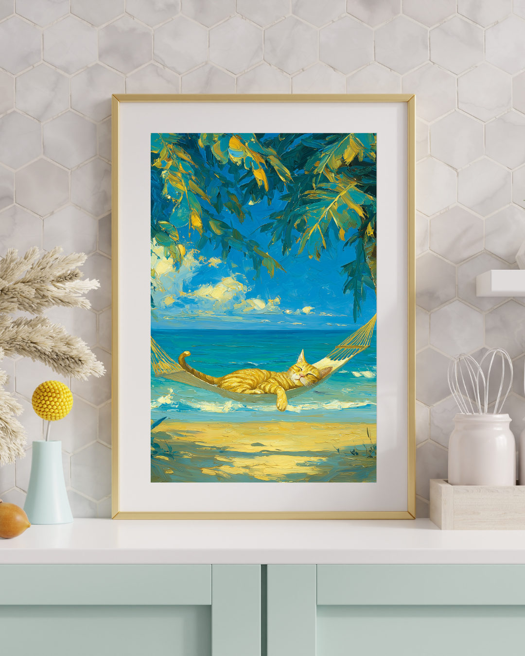 Tropical Cat Hammock Wall Art | Coastal Orange Tabby Beach Print | Relaxing Ocean Cat Decor