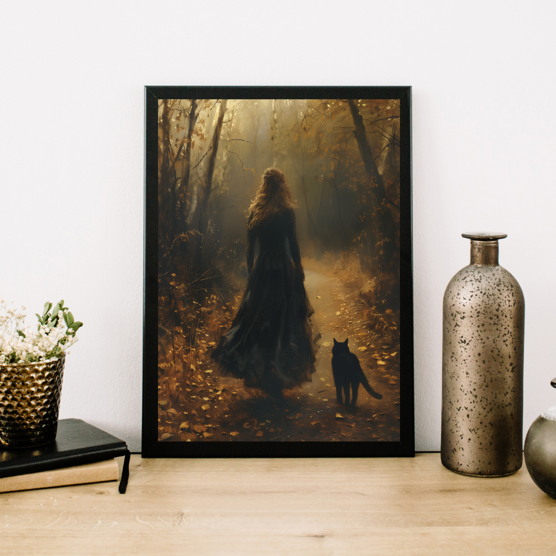 Dark Academia Wall Art – Gothic Forest Woman and Black Cat Autumn Print