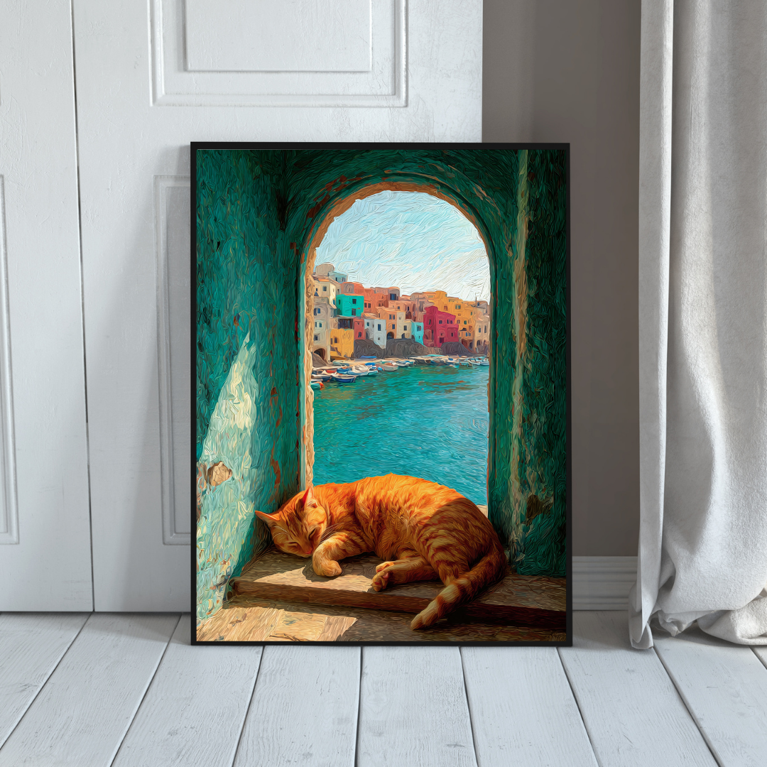 Sleeping Ginger Kitty Art Print, Mediterranean Coastal Village Seaside Poster