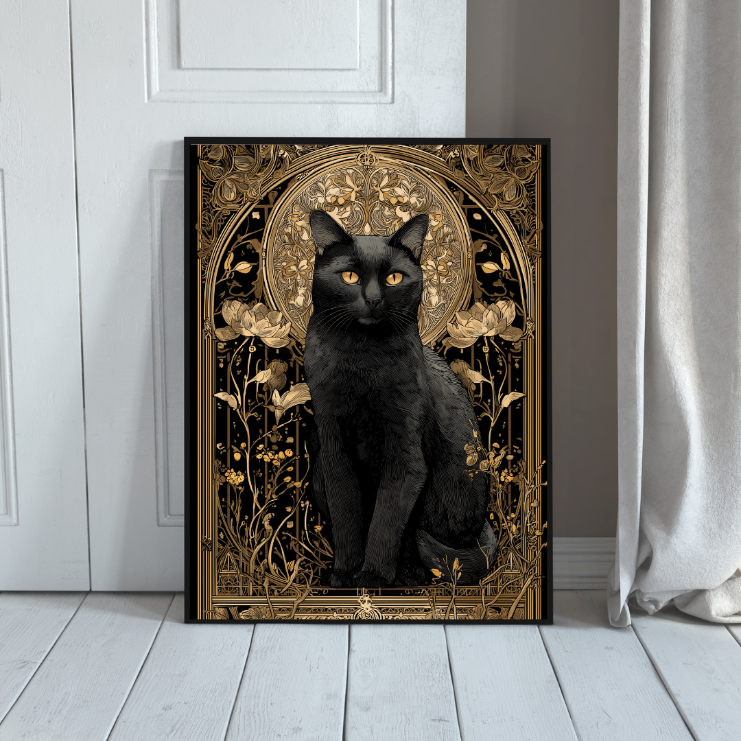 Art Nouveau Black Cat Poster, Vintage Gold Botanical Art, Dark Academia Print