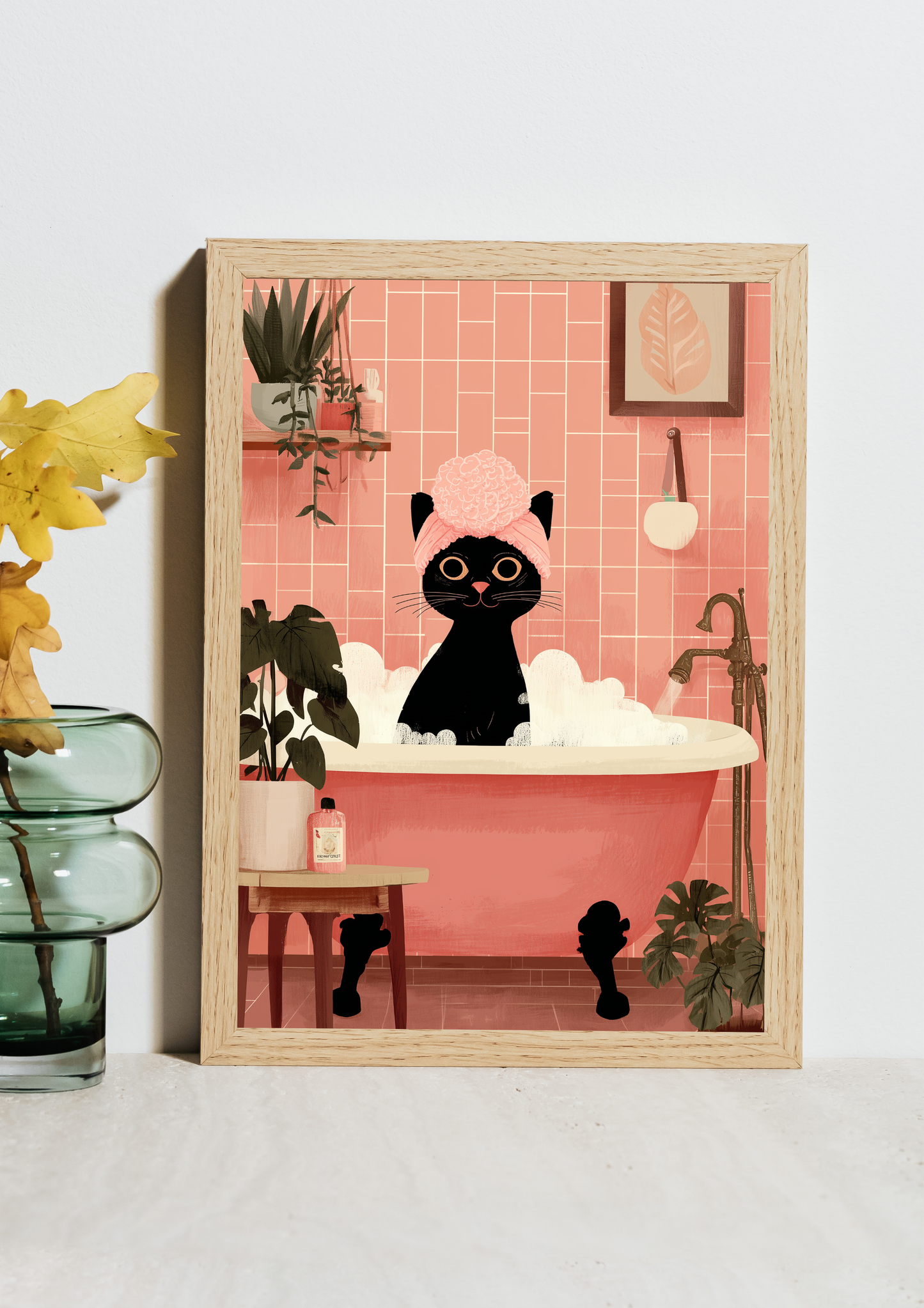 Retro Pink Cat Bathtub Print – Mid Century Modern Bathroom Wall Art